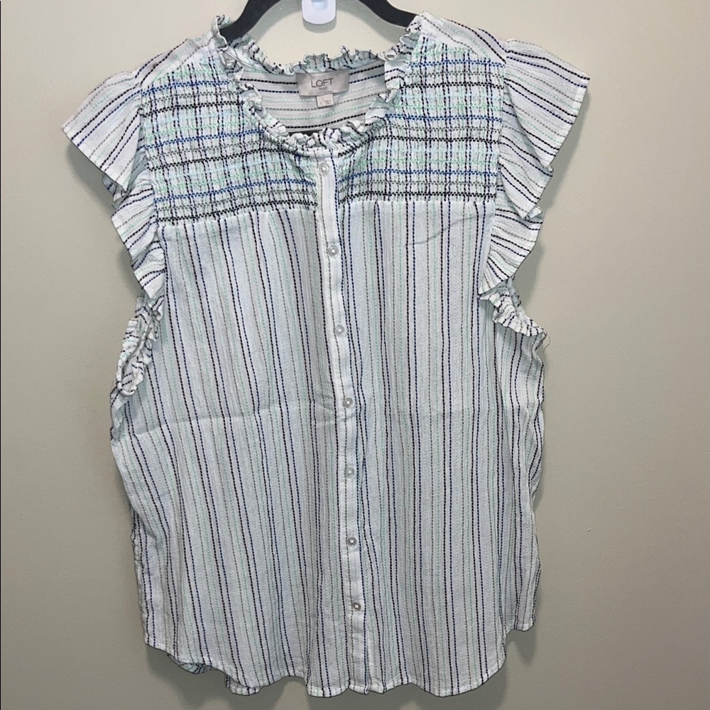 LOFT Button-Down Striped Ruffle Blouse - Blue and White